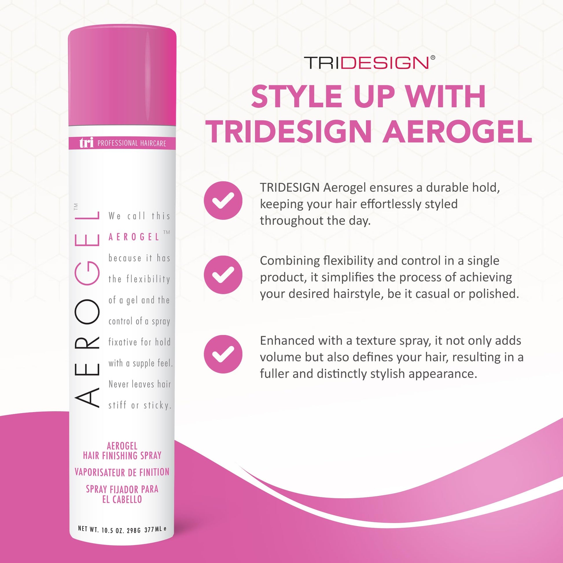TRIDESIGN Aerogel Hair Finishing Spray showing the fine mist spray nozzle for even distribution.