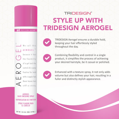TRIDESIGN Aerogel Hair Finishing Spray showing the fine mist spray nozzle for even distribution.