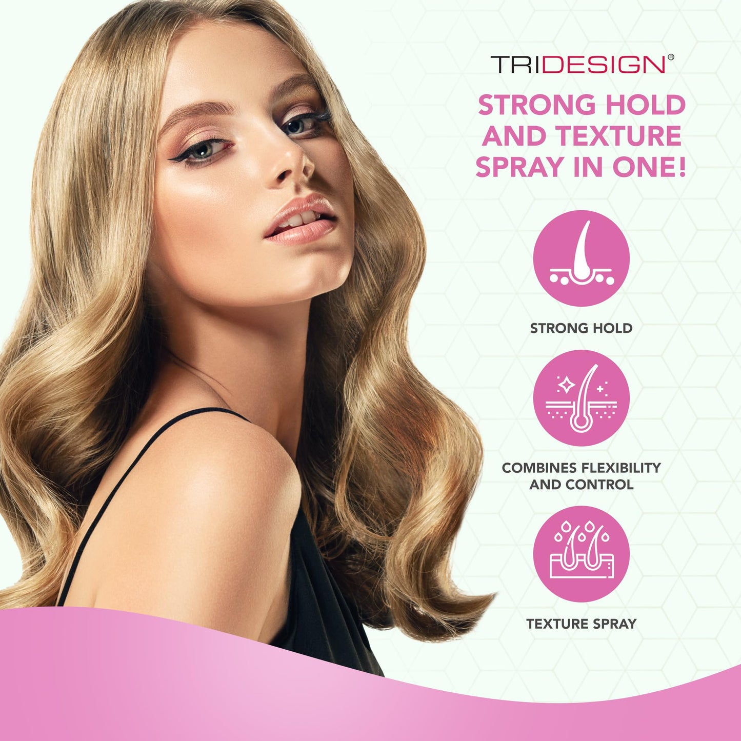 TRIDESIGN Aerogel Strong Hold Spray back label detailing the official ingredients and benefits.