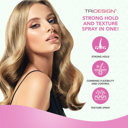 TRIDESIGN Aerogel Strong Hold Spray back label detailing the official ingredients and benefits.