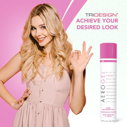 TRIDESIGN Aerogel Flexible Hold Finish Spray for men and women on a clean product background.