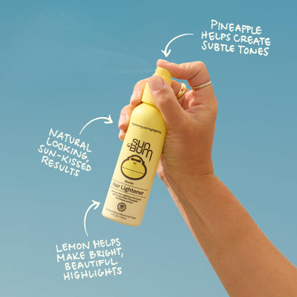 Back label of Sun Bum blonde hair brightener displaying usage instructions and key ingredients.