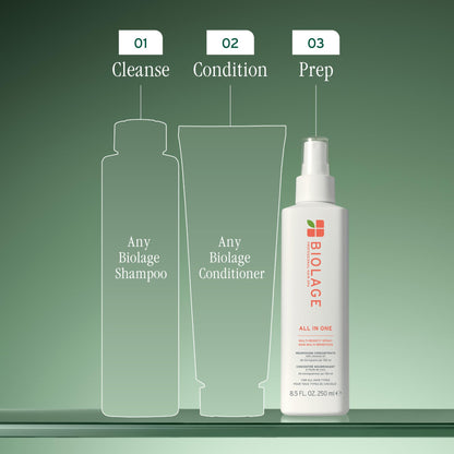 Biolage professional hair primer spray demonstrating lightweight texture application