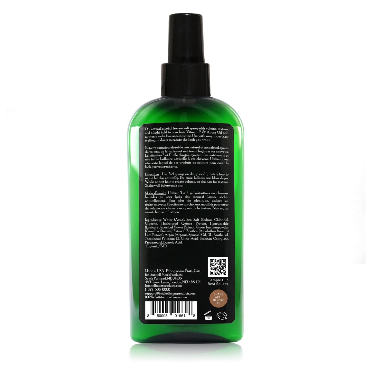 Green bottle of Brickell texturizing spray for men highlighting matte finish benefits