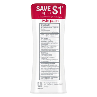 Two pack of Dove Revive seventy two hour protection deodorant sticks standing upright.