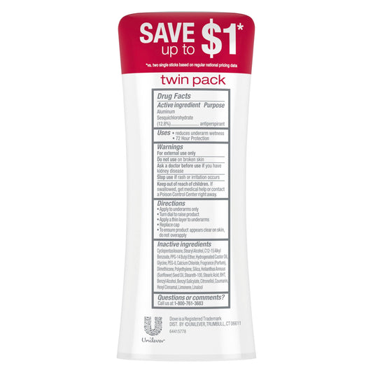 Two pack of Dove Revive seventy two hour protection deodorant sticks standing upright.