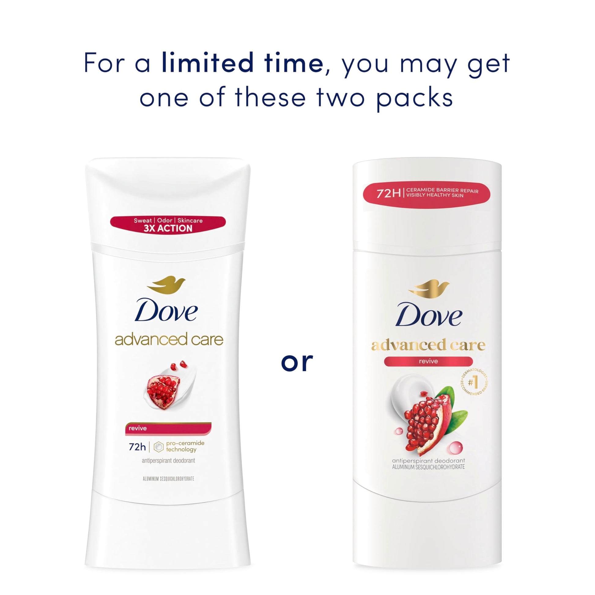 Close up of the pomegranate and lemon verbena label on Dove Advanced Care stick.