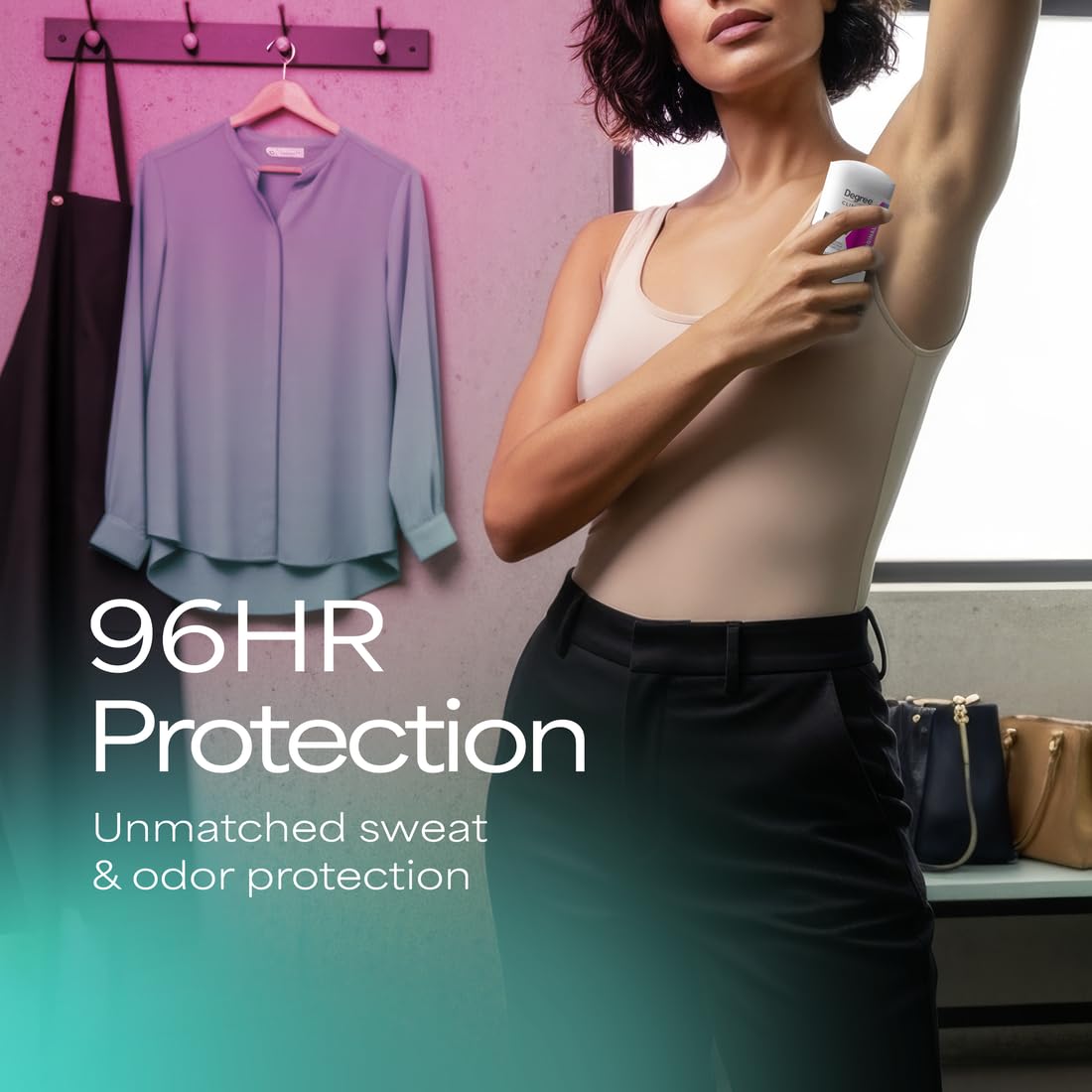 Back label of Degree women clinical strength antiperspirant detailing the ninety six hour protection claim.