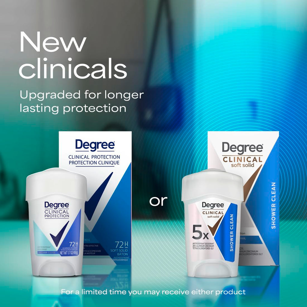 Degree Protection Clinical Strength antiperspirant showing MotionSense technology icon on the front label