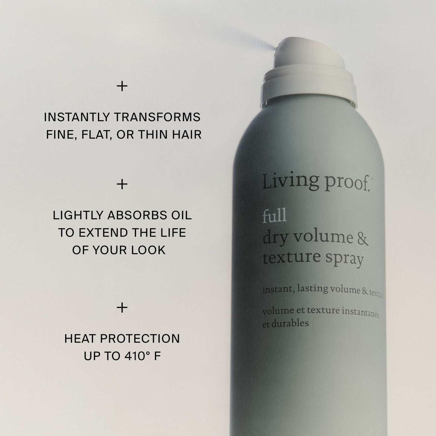 Living Proof volume spray back label showcasing product benefits and lightweight styling attributes.