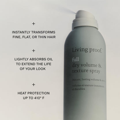 Living Proof volume spray back label showcasing product benefits and lightweight styling attributes.