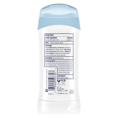 Two pack of Dove women's sweat and odor protection deodorant sticks showcasing the clear application benefit