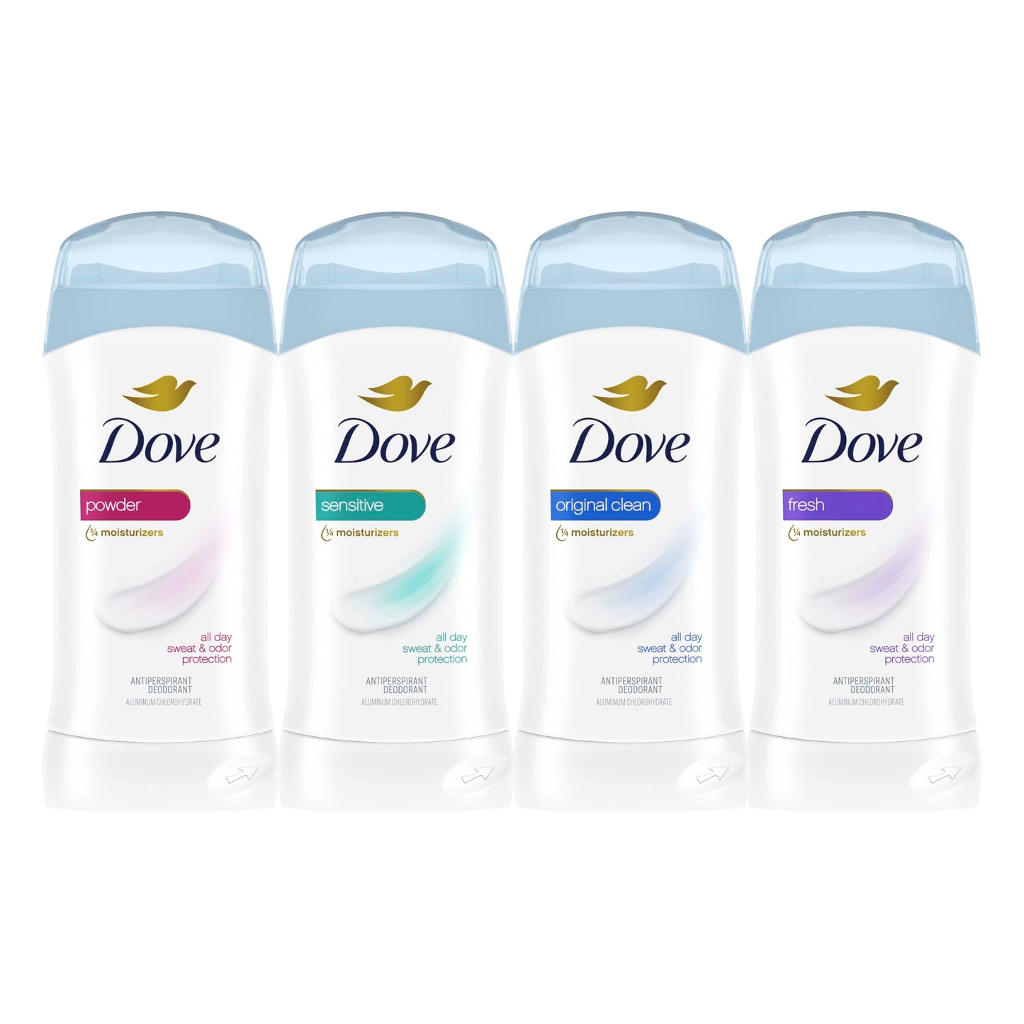 Top view of Dove original clean scent antiperspirant stick with the protective cap removed