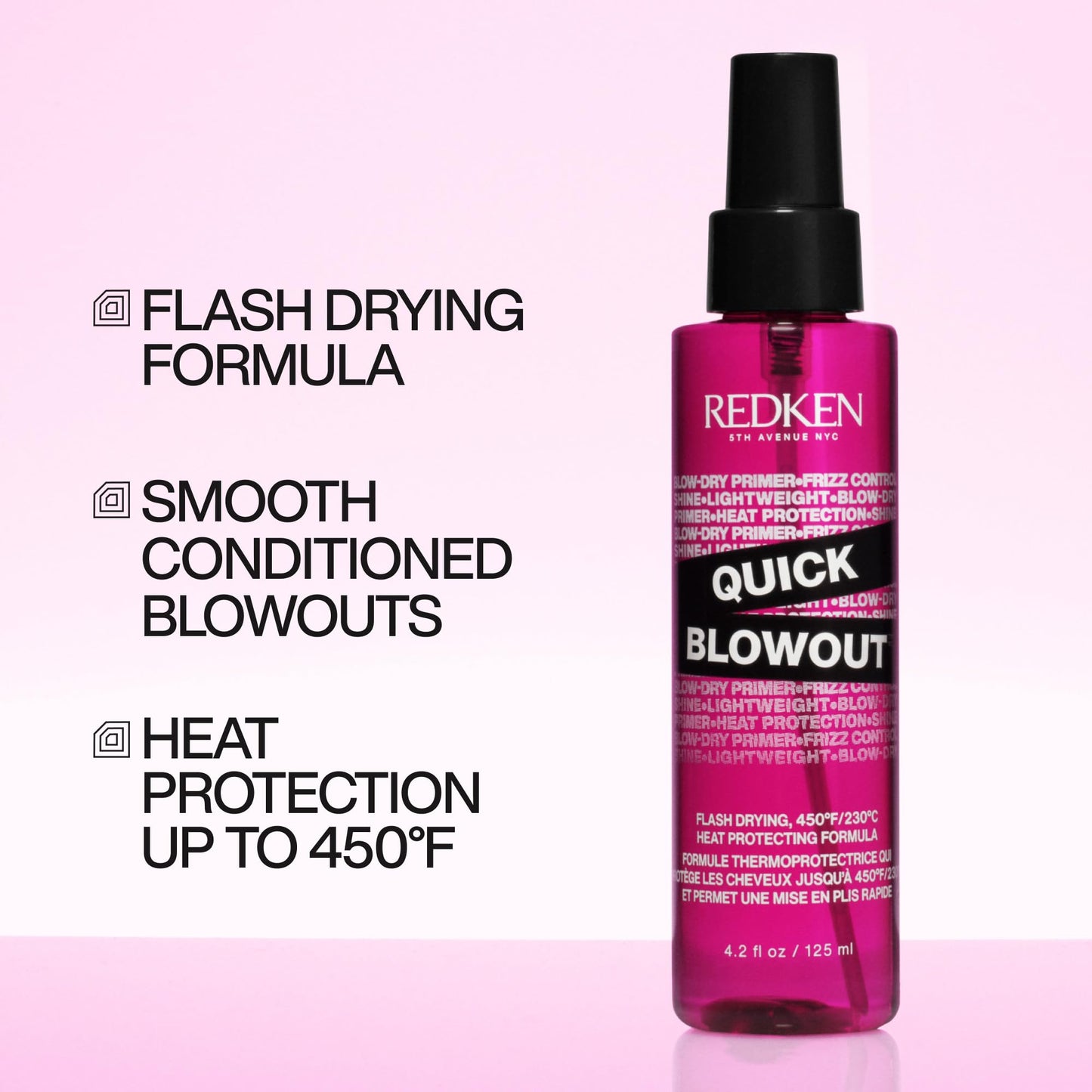 Redken Quick Blowout styling primer spray bottle showcasing product benefits and volume