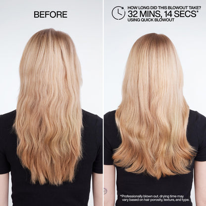 Back label view of Redken Quick Blowout spray detailing directions and full ingredients