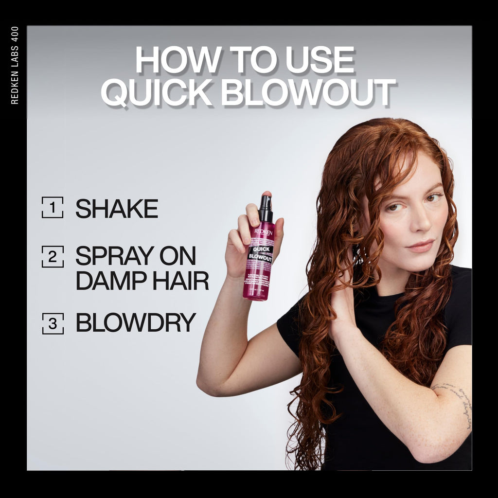 Redken Quick Blowout hair primer bottle angled to show the bi-phase formula texture
