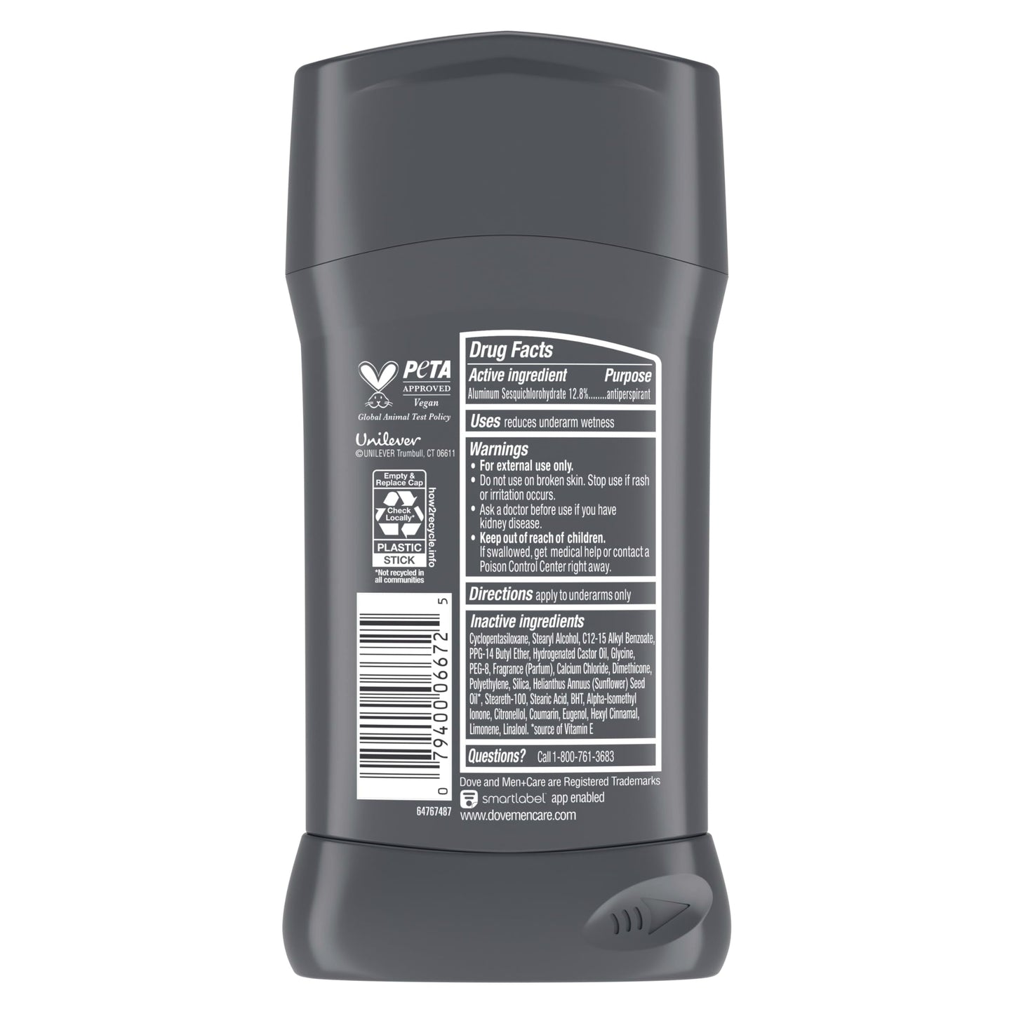 Imported USA Dove Men Care solid deodorant stick close up on refreshing citrus formula packaging