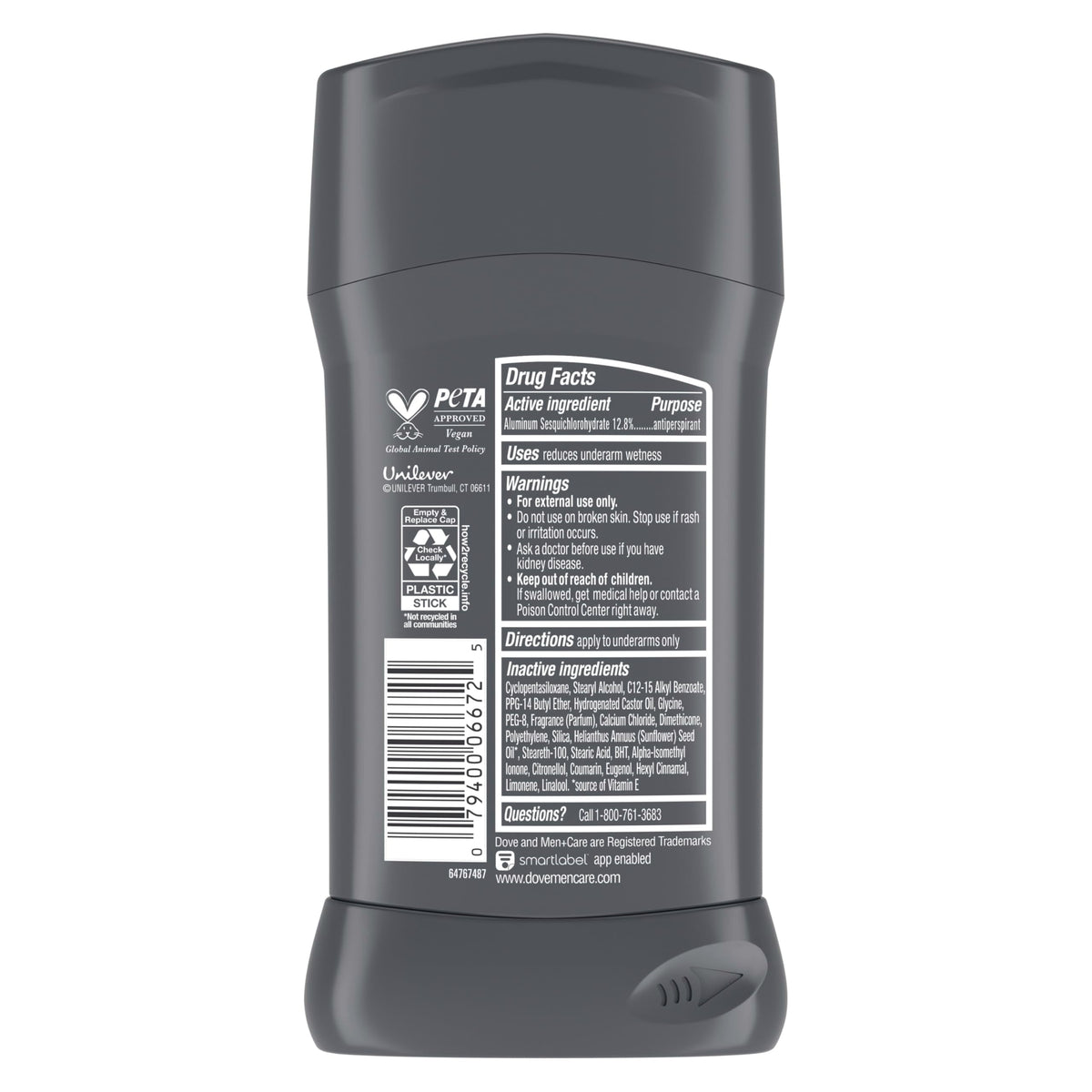Imported USA Dove Men Care solid deodorant stick close up on refreshing citrus formula packaging