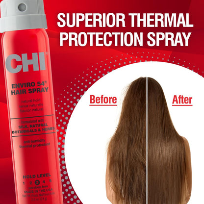 CHI Enviro 54 finishing hair spray lightweight mist for flexible hold and humidity protection.
