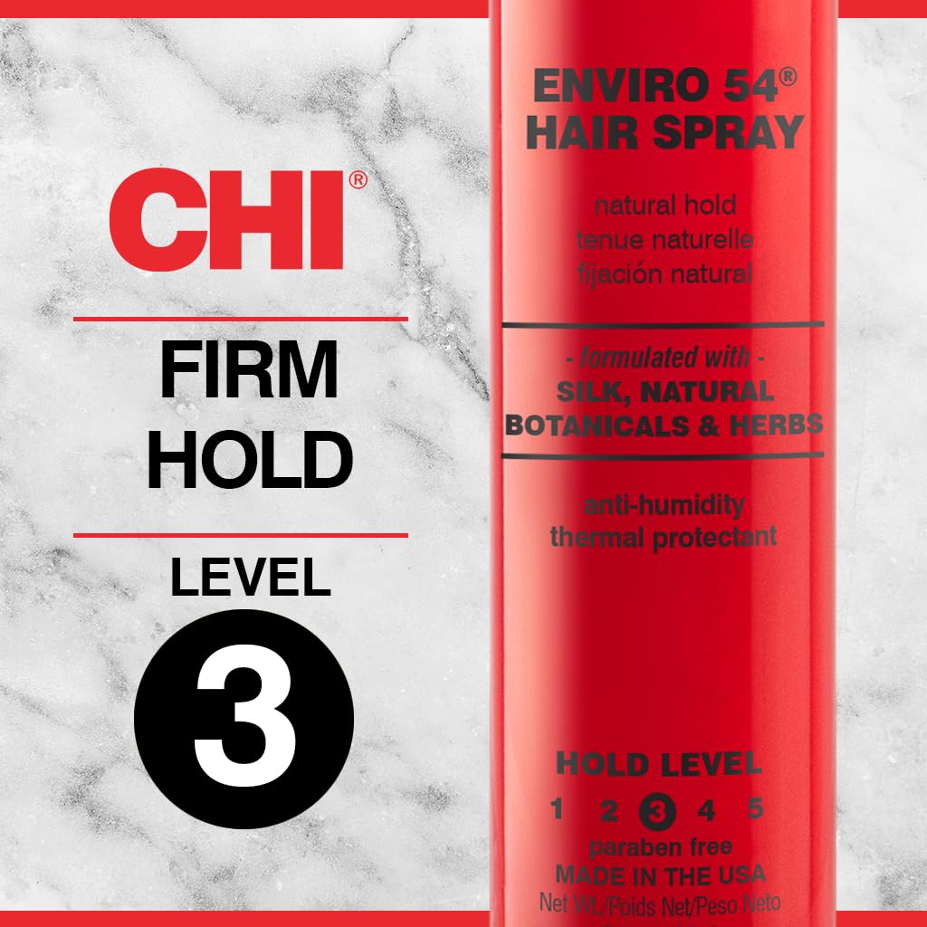 Back label view of travel size CHI Enviro 54 hairspray showing sulfate and paraben free formula.