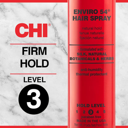 Back label view of travel size CHI Enviro 54 hairspray showing sulfate and paraben free formula.