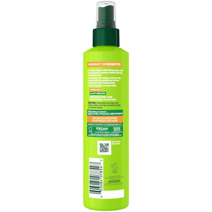 Garnier multitasking plant keratin hair spray bottle showing ten benefits on label