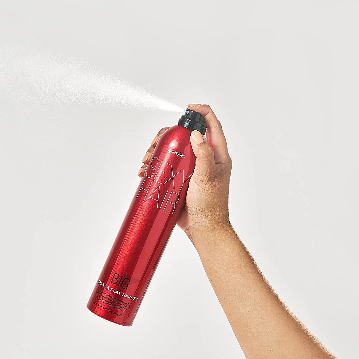 Back label view of imported SexyHair volumizing spray with usage directions and ingredients