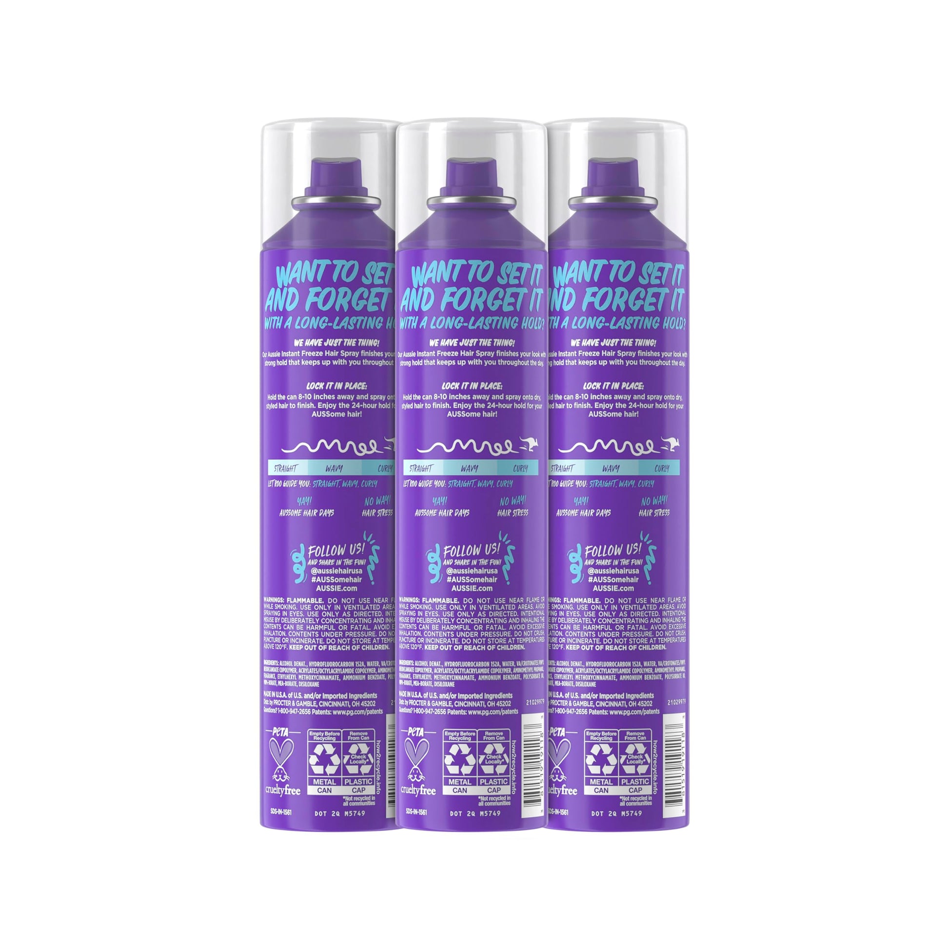 Ten fluid ounce hairspray triple pack designed for straight wavy and curly hair textures