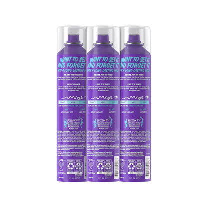 Ten fluid ounce hairspray triple pack designed for straight wavy and curly hair textures