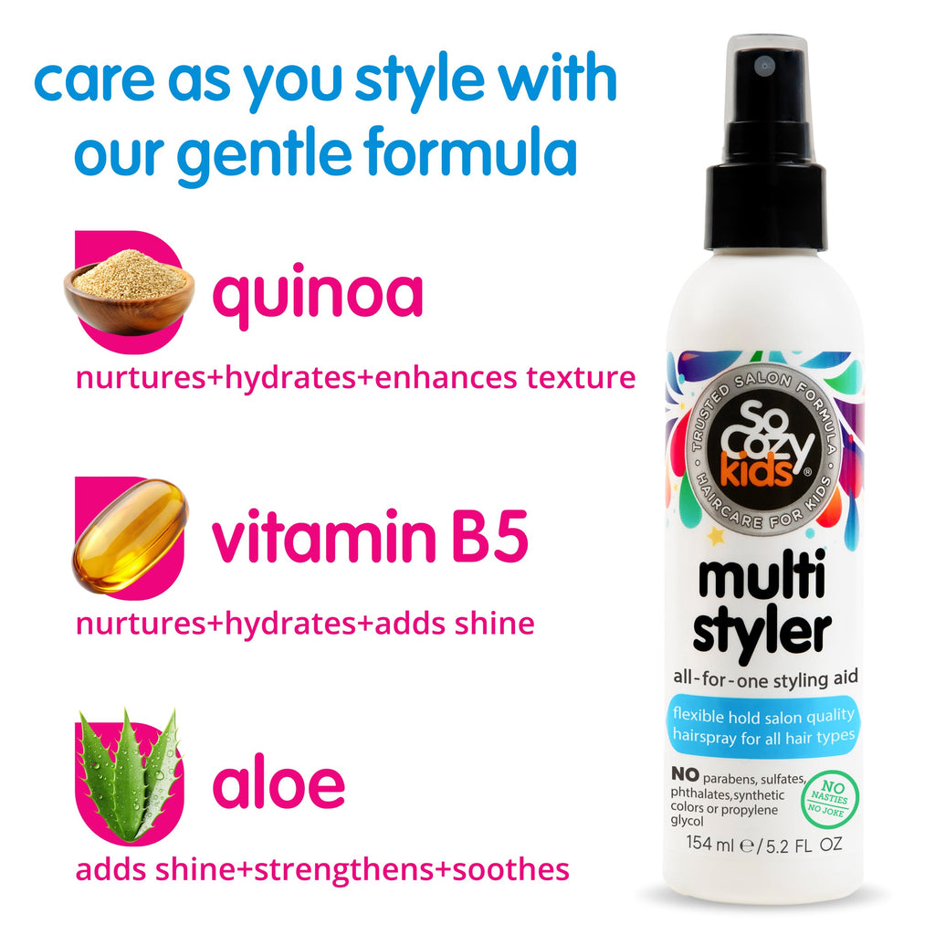 Back label of SoCozy 5.2 fluid ounce hair spray detailing sulfate free safety instructions