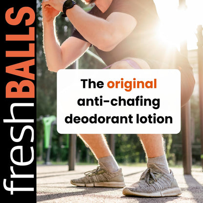 Fresh Body Fresh Balls male hygiene lotion tube showing talc free and aluminum free claims