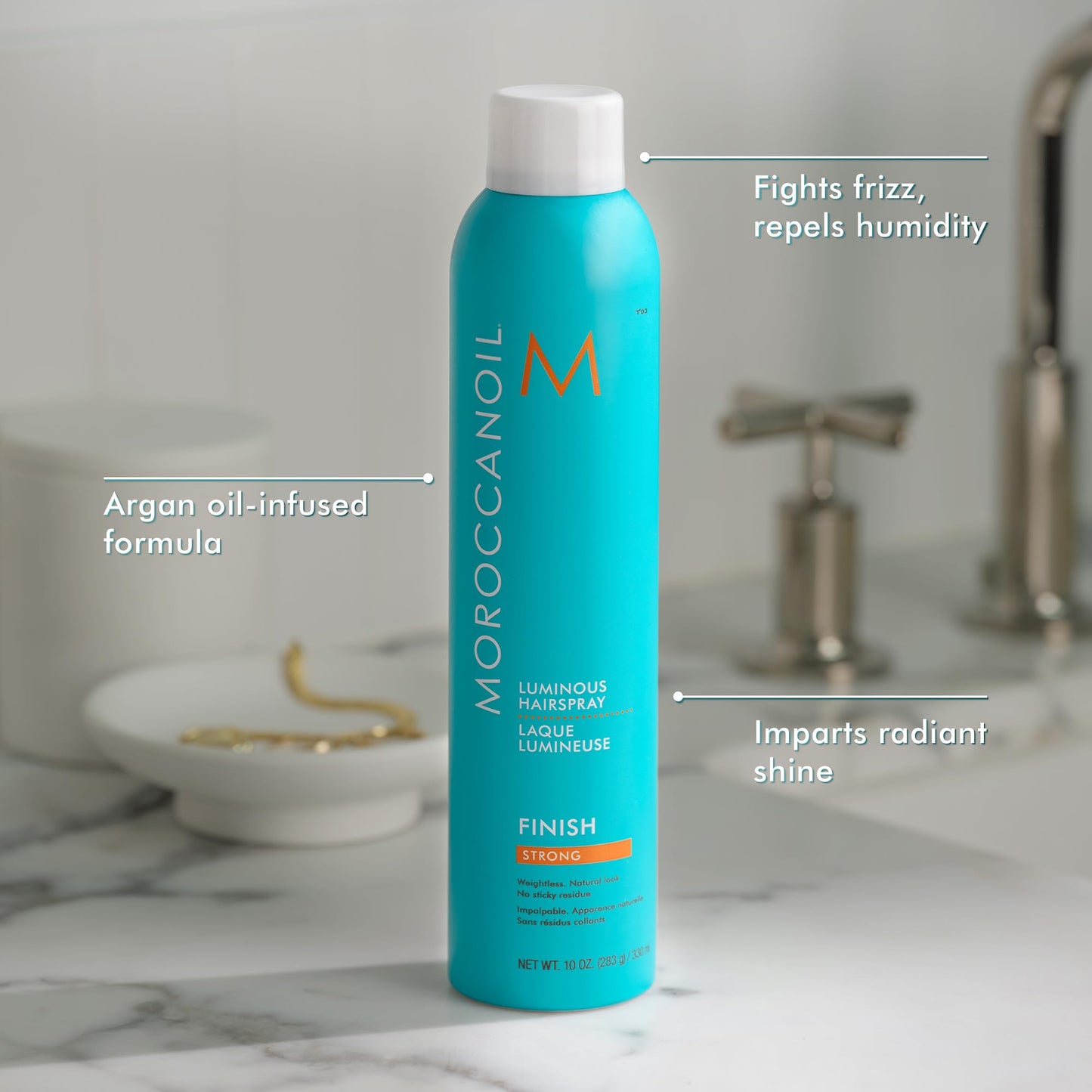 Moroccanoil argan oil infused hairspray bottle showing strong hold benefits