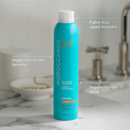 Moroccanoil argan oil infused hairspray bottle showing strong hold benefits
