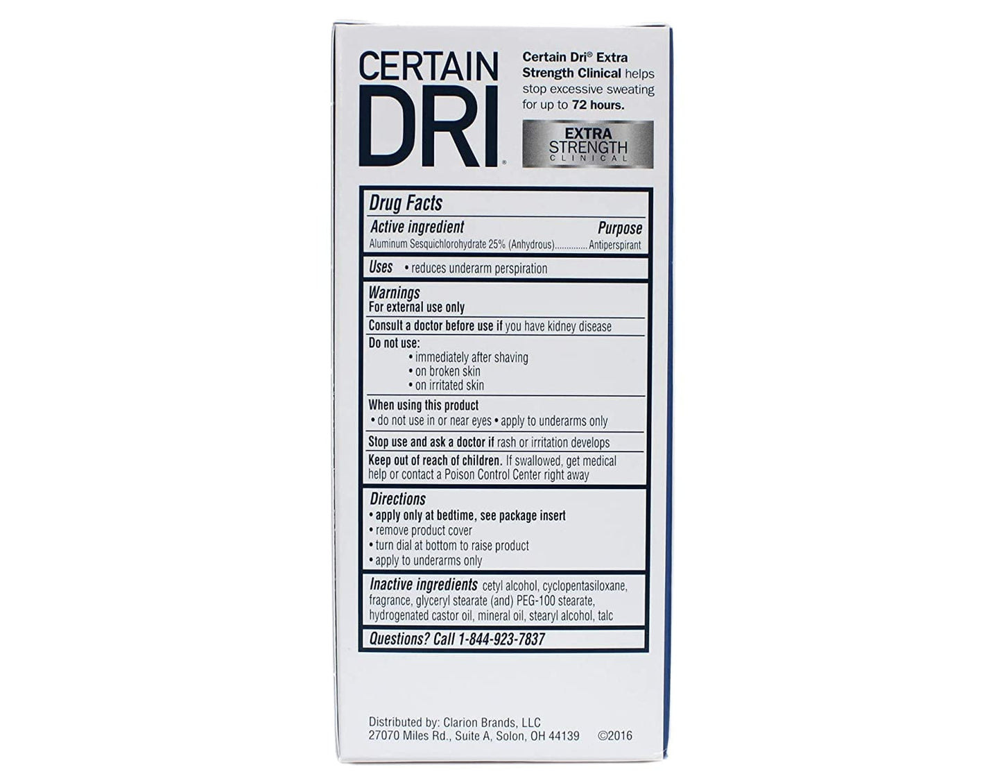 Back label of Certain Dri solid stick highlighting the 25 percent Aluminum Sesquichlorohydrate formulation