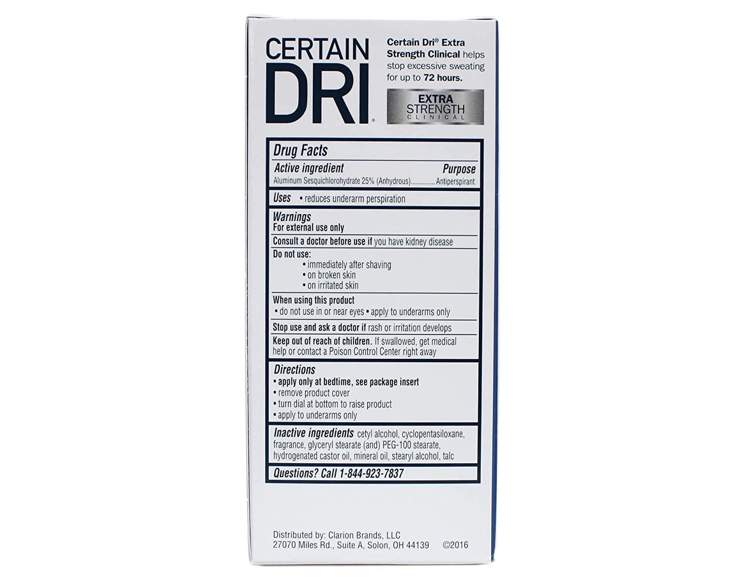 Back label of Certain Dri solid stick highlighting the 25 percent Aluminum Sesquichlorohydrate formulation
