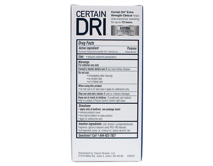 Back label of Certain Dri solid stick highlighting the 25 percent Aluminum Sesquichlorohydrate formulation