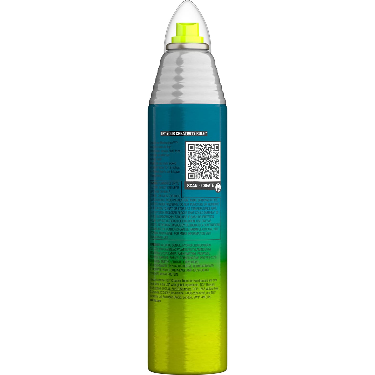 TIGI professional glossy finish aerosol hair spray bottle back label and ingredients
