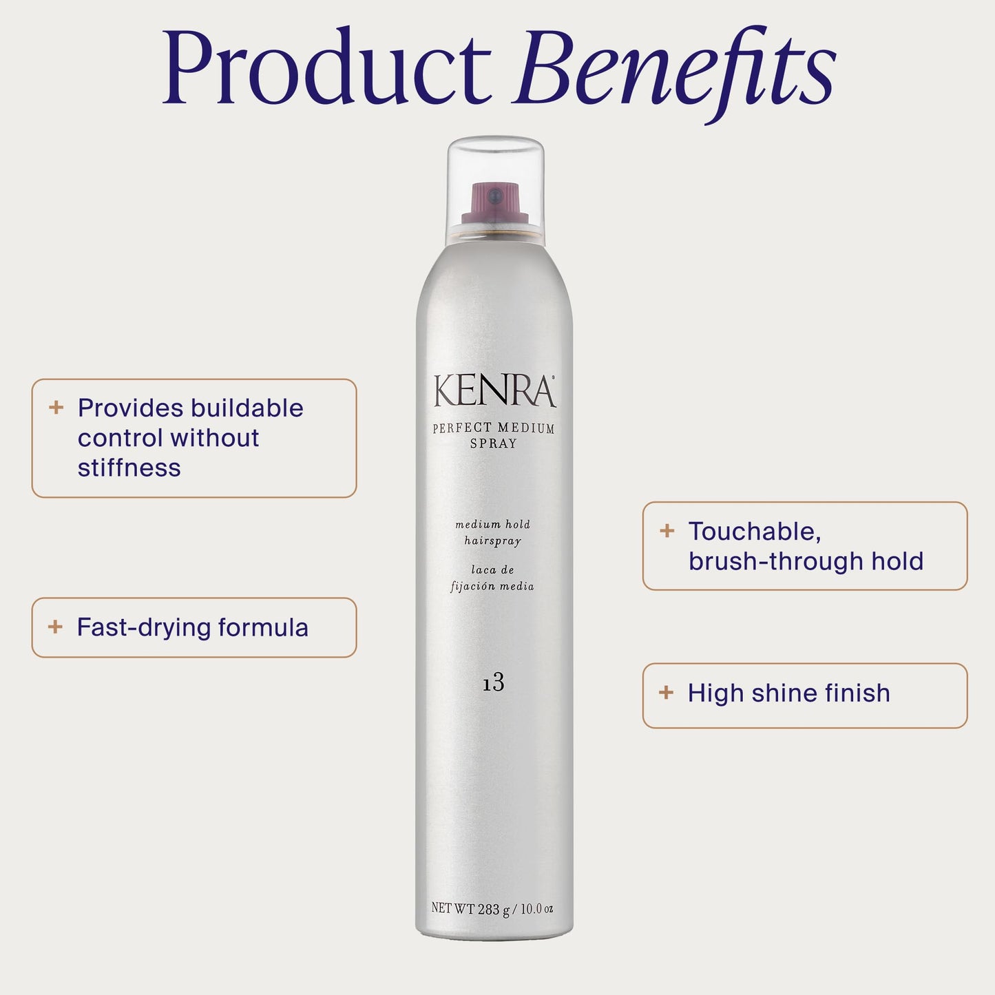 Kenra medium hold hairspray 10 ounce bottle highlighting product benefits