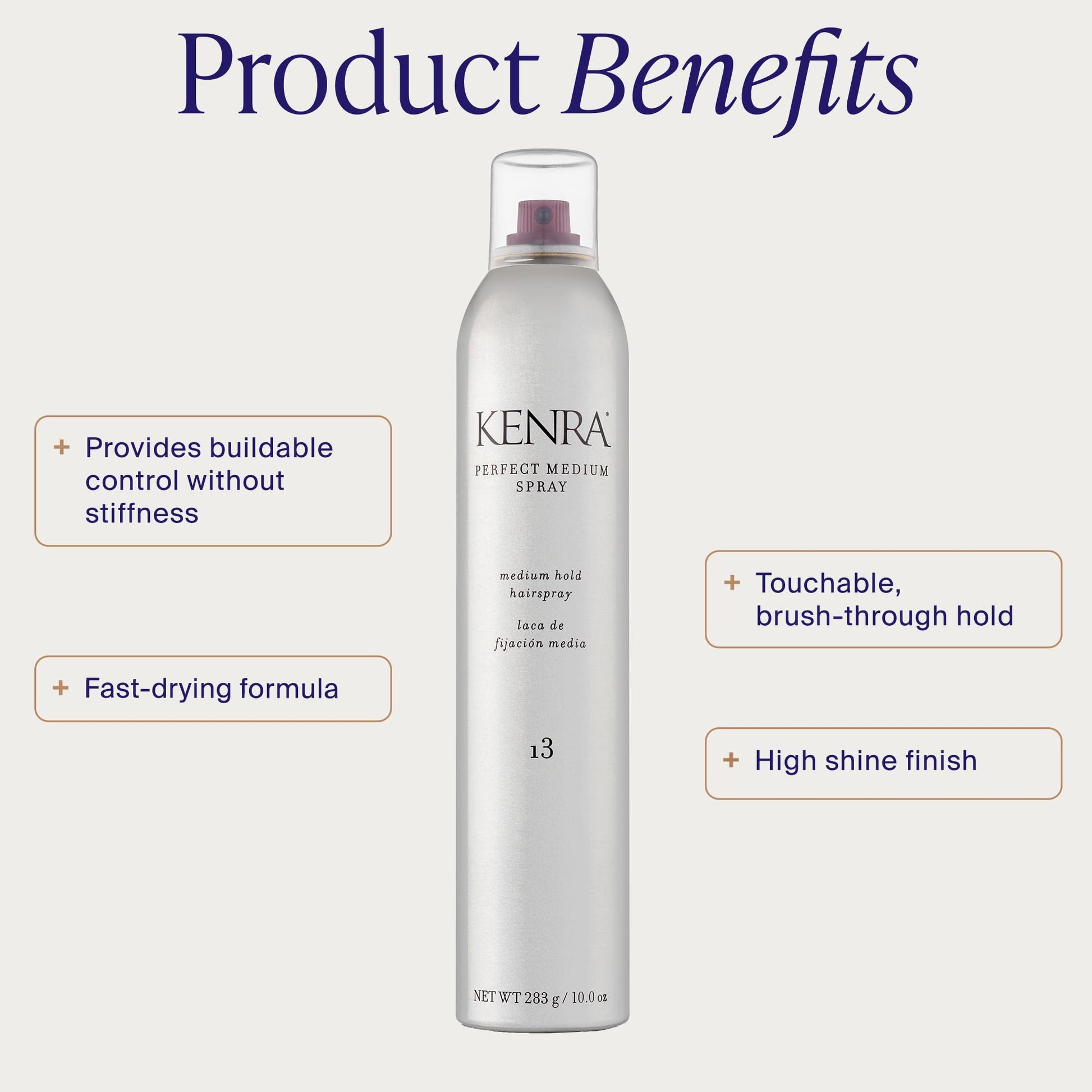 Kenra medium hold hairspray 10 ounce bottle highlighting product benefits