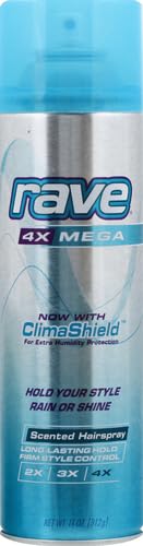 Rave ClimaShield technology aerosol hairspray can highlighting humidity protection features