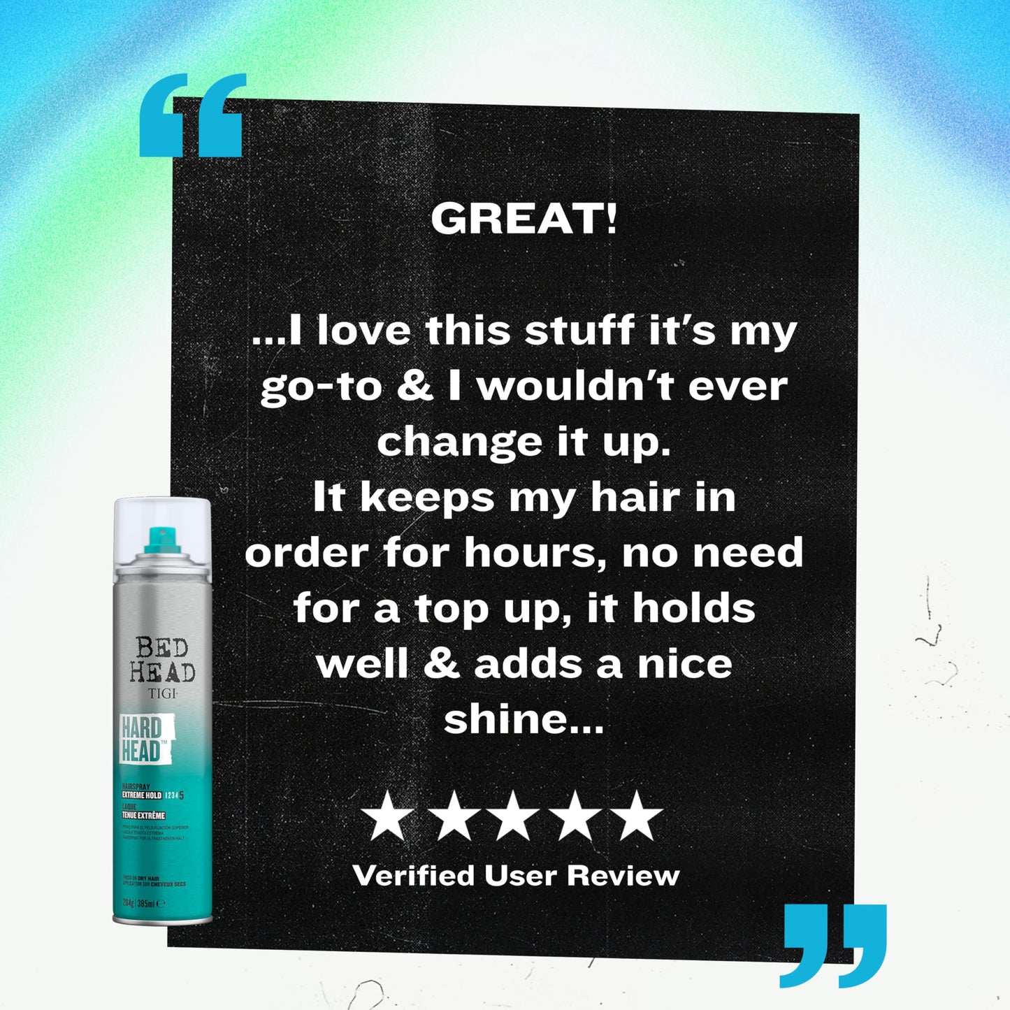 TIGI Bed Head 385 ml hairspray side view detailing manufacturing information