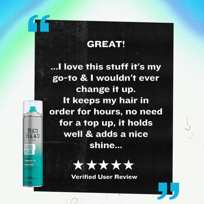 TIGI Bed Head 385 ml hairspray side view detailing manufacturing information
