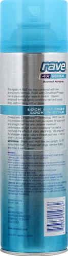 Back label view of Rave anti frizz scented hairspray detailing premium ingredients