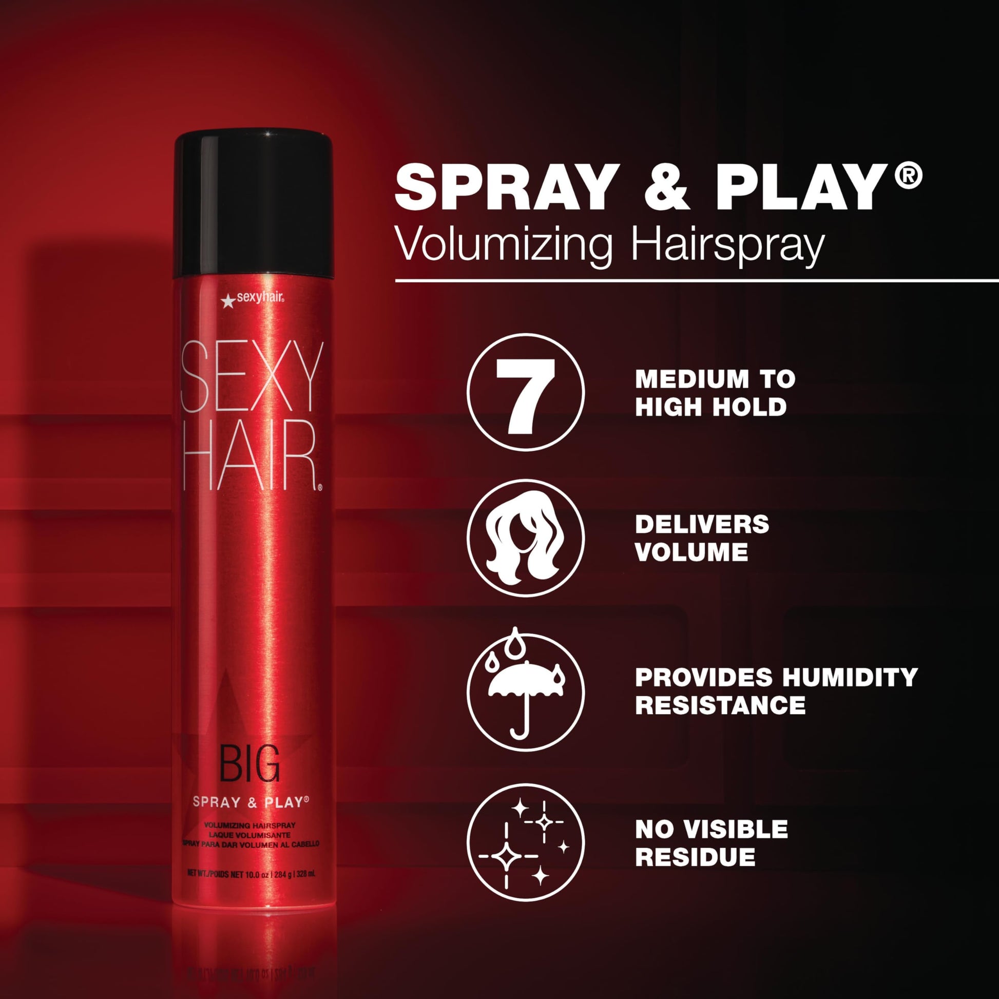 SexyHair professional hairspray bottle highlighting the seventy-two hour humidity resistance benefits.