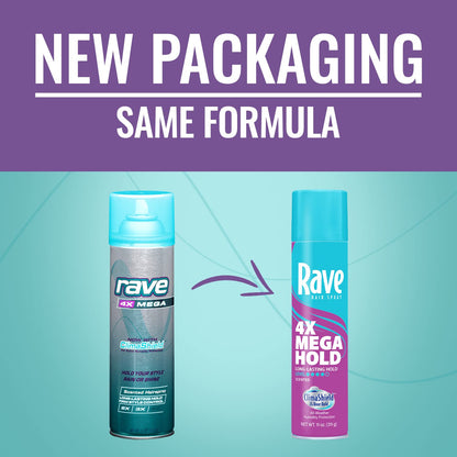 Rave long lasting volume and shine hairspray bottle showing the dispenser nozzle