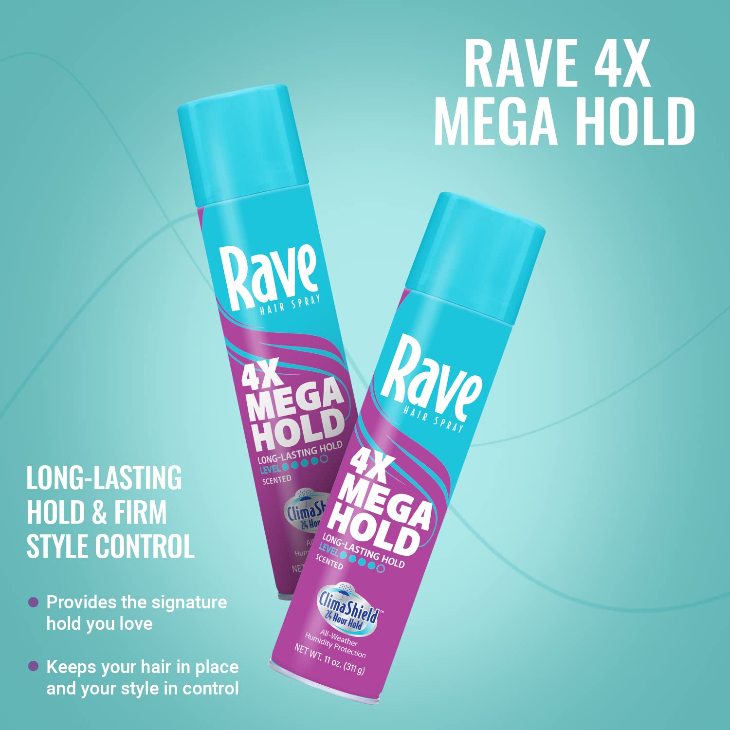 Authentic USA imported Rave eleven ounce scented hairspray packaging for daily hair care