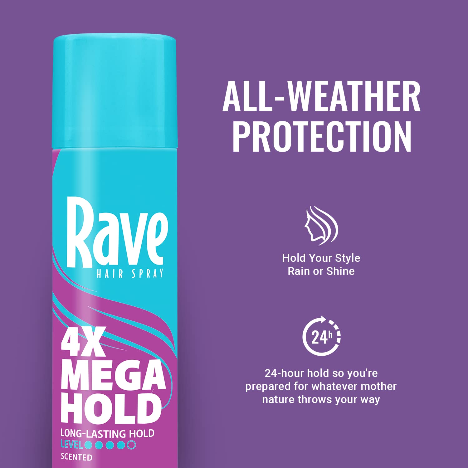 Rave four times mega hold aerosol styling spray for heat protection and texture