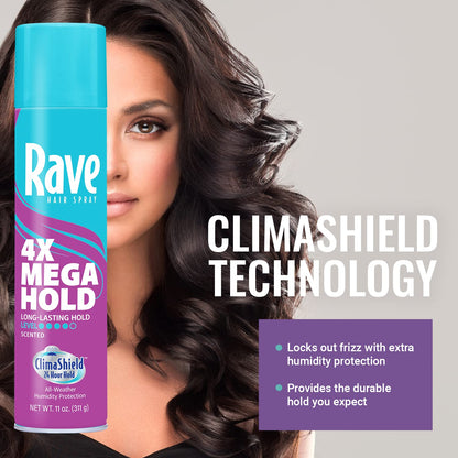 Close up of the Vitamin enriched formula details on Rave firm hold hairspray