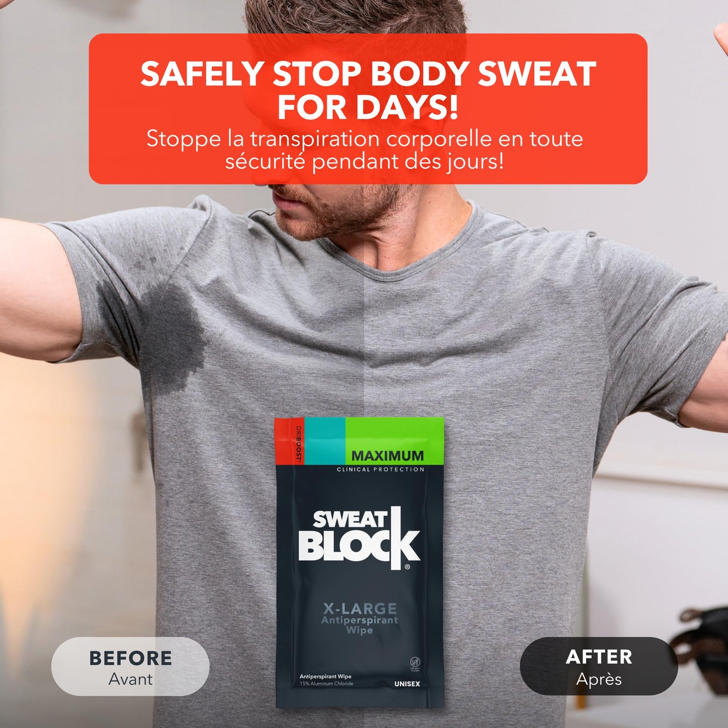 Person applying SweatBlock wipe to underarm area