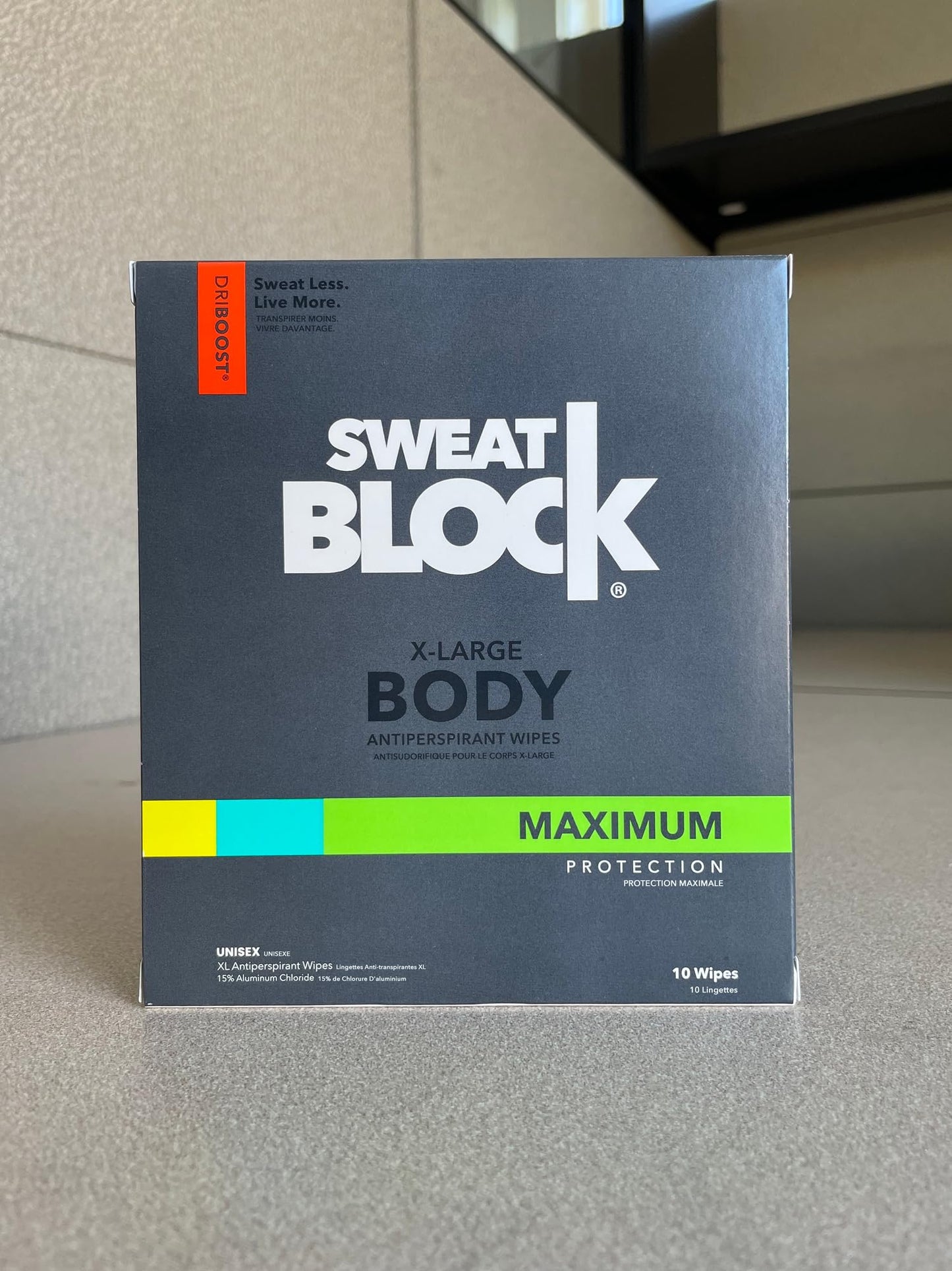 SweatBlock wipes 10 count box lifestyle product shot